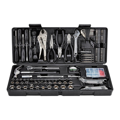 Hammer, screwdrivers and driver bits, wrenches and socket set Pliers, cutters and locking pliers Tape measure, hex wrenches, precision screwdrivers Commonly used fasteners and anchors Blow mold storage case